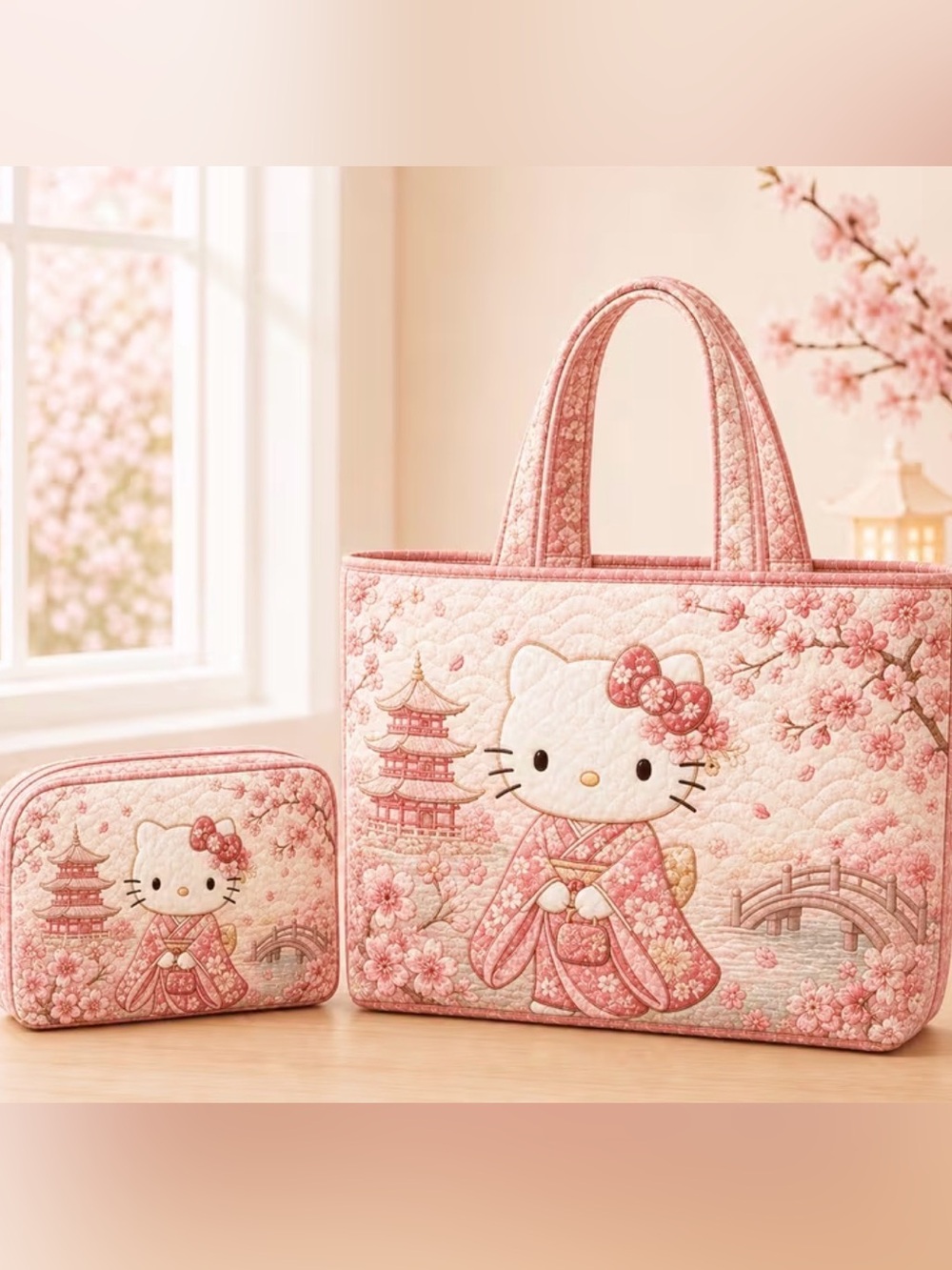 Sanrio Hello Kitty Pink Quilted Floral Tote with Matching Pouch
